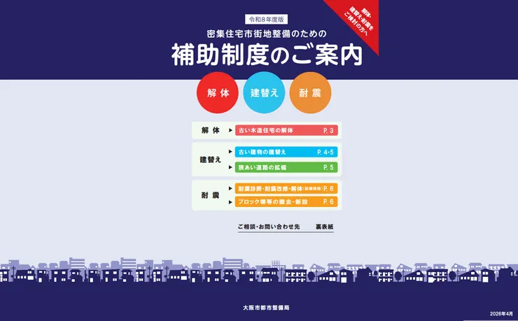 楊桑鑑定室：大阪市密集住宅地區整備補助制度風險報告封面，標註解體、建替與耐震補助警示。