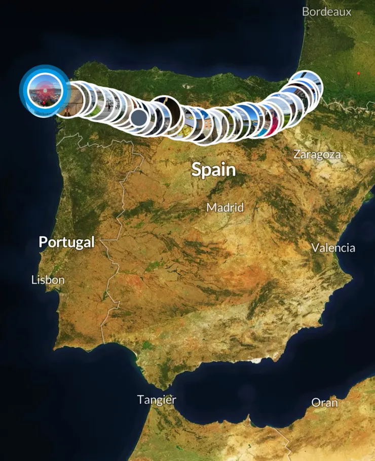 法國之路–最經典的朝聖之路路線，從南法小鎮聖讓-皮耶德波爾 （St Jean Pied de Port）開始，行經 166 個小鎮，到終點聖地牙哥大教堂 （Santiago de Compostela) 全程約 800 公里