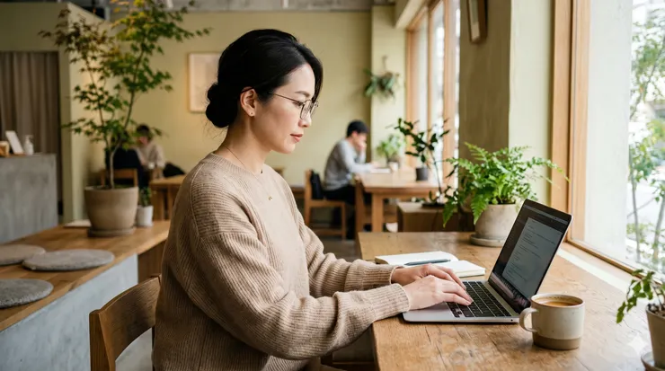Elegant Asian woman with glasses focusing on a laptop, Japanese minimalist magazine style, modern cafe background with wood tones and greenery, soft natural light from window, medium shot, side view, warm beige and earth tones, 4K resolution, cinematic lighting, peaceful and healing mood.