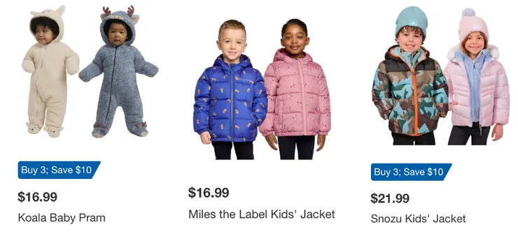 左一：寶寶絨毛保暖外套。另兩個為兒童保暖夾克。