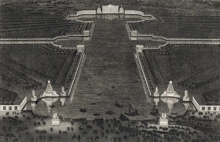 凡爾賽宮大運河周圍的燈光秀，1674年，版畫。