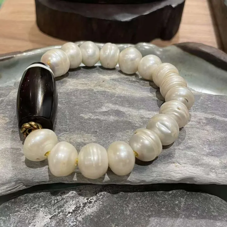 線珠(孤品)老天珠搭配天然珍珠