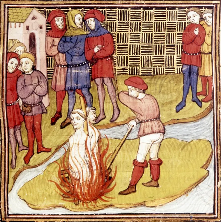 Jacques de Molay sentenced to the stake in 1314, from the Chronicle of France or of St Denis (fourteenth century). Note the shape of the island, representing the Île aux Juifs (Island of the Jews) in the Seine, where the executions took place.