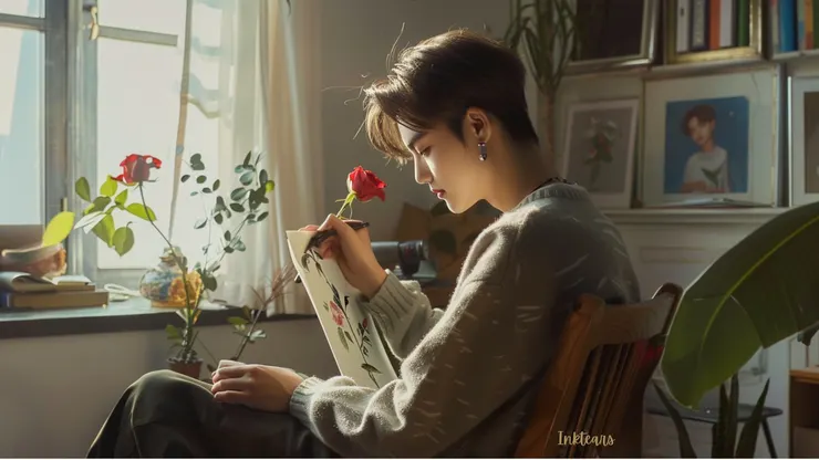 清晨畫玫瑰花的言語飛