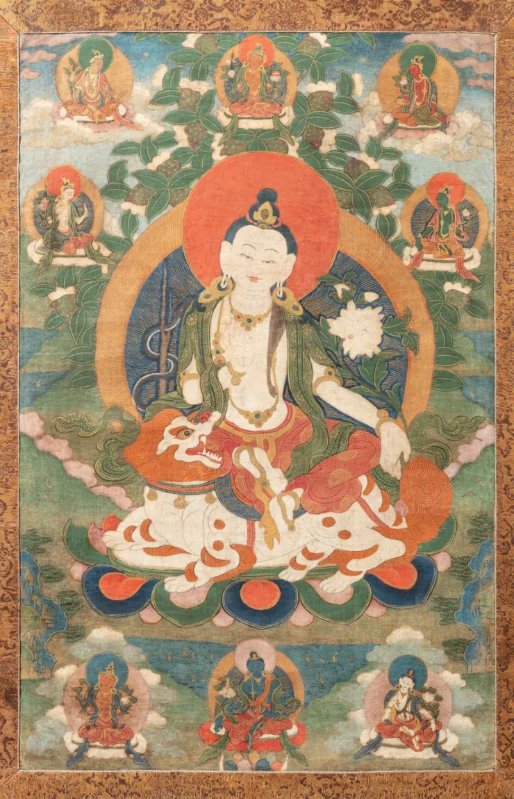 西藏 十八世紀 文殊菩薩唐卡 設色布本