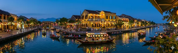 越南峴港會安古鎮夜景,黃色建築搭配燈籠是中越旅遊最具代表性的畫面