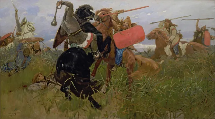 斯拉夫戰士作戰的畫作 圖片來源： Wiki Commons, "Бой скифов со славянами.jpg"