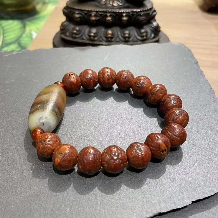 三線水紋珠（孤品）老天珠搭配鳳眼菩提