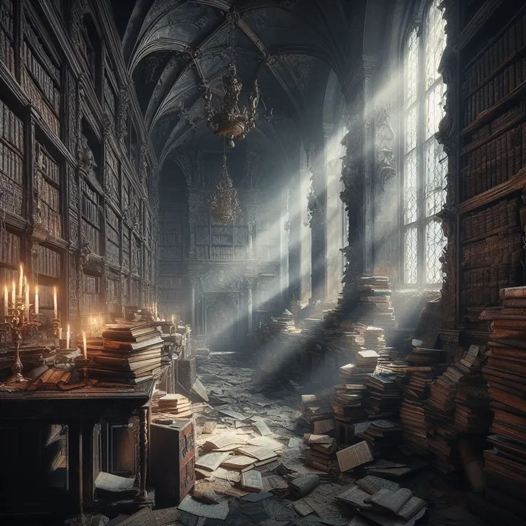 四位朋友進入了一個陰暗的房間，房間內放滿了古老的書籍和手稿。這裡似乎是這個老房子的核心，也許就是那個可怕故事的源頭。