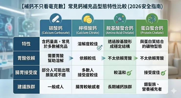 挑選鈣補充品時，可依據自身腸胃狀況與吸收需求，選擇適合的鈣型態
