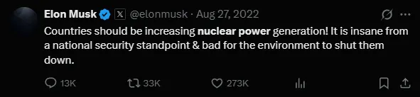 「各國應該增加核能發電！從國家安全角度來看，關閉核電站是瘋狂的，而且對環境也不利。」