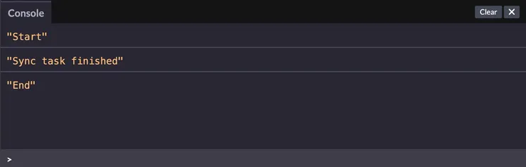 我們會看見'Start'，接著卡3秒，然後'Sync task finished'，最後才是'End'。