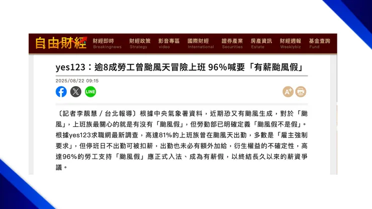 yes123：逾8成勞工曾颱風天冒險上班 96％喊要「有薪颱風假」