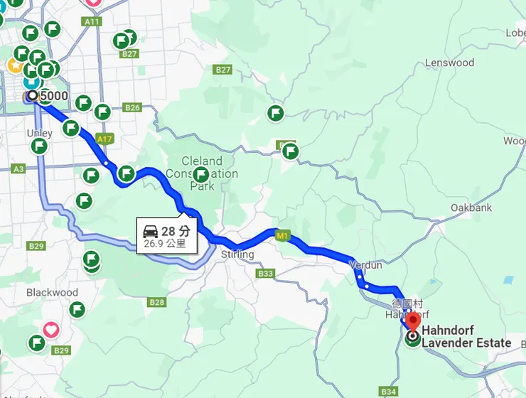 Google map 阿得雷德市區和薰衣草田相對位置