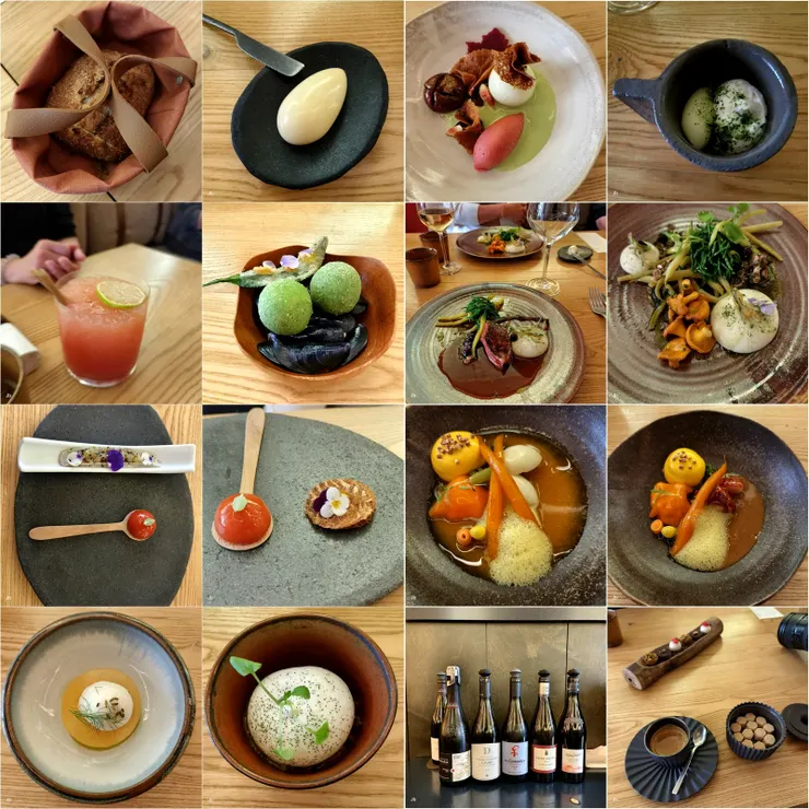 【五道菜五杯酒聽解說再細嚐慢享，食材並不標新立異味蕾頗能欣賞！我們的菜、酒、甜點，包括老婆的素食。圖中上左1、左2為麵包與奶油，老婆吃過半。所以要特別說食材不標新立異，是因後來去羅亞爾河大區，也訂了間米其林二星的，它的食材就太過陽春白雪，雖不難吃，但我們對食、佐料等太不熟悉，無法分辨到底處理得到不位！而這間一星，我們聽得懂也吃得懂，十分滿意，結論是以後要吃，相對經濟實惠的一星就好。】