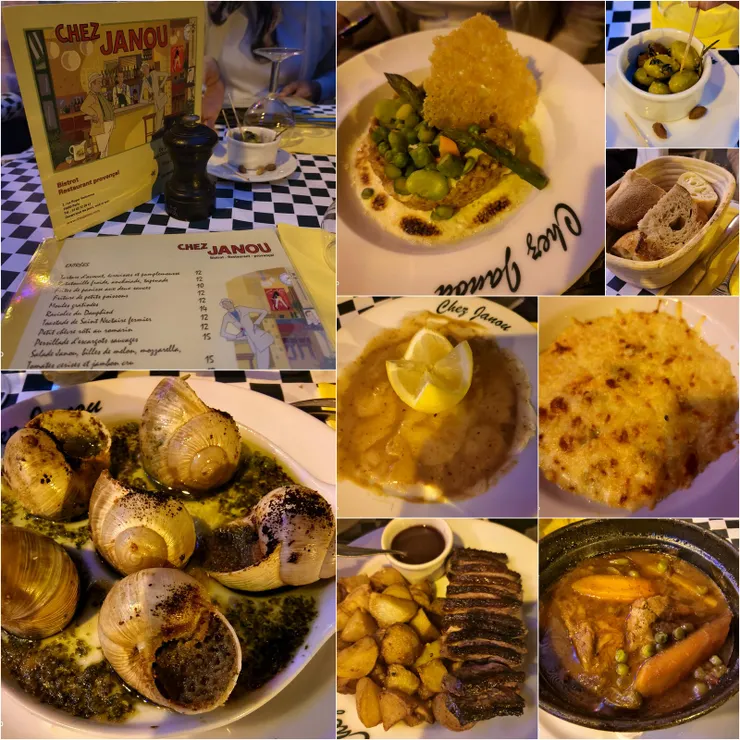 【Chez Janou的MENU和我們點的菜，它號稱有80餘種茴香酒，但我不愛，點了杯紅酒。食物真的好吃，強力推薦！】