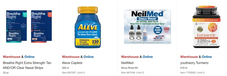 Breathe Right 強效鼻貼$18.99,Aleve止痛藥$23.49,NeilMed鼻過敏噴霧$23.49,youtheory 薑黃$33.99。