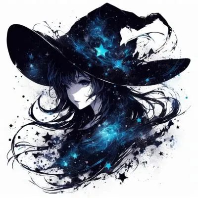 high quality, stary night blue black beautiful magical woman, A beautiful magician woman made of starry sky, magic hat, splash arts, aesthetic for Tshirt design, darktone, by yukisakura, high detailed