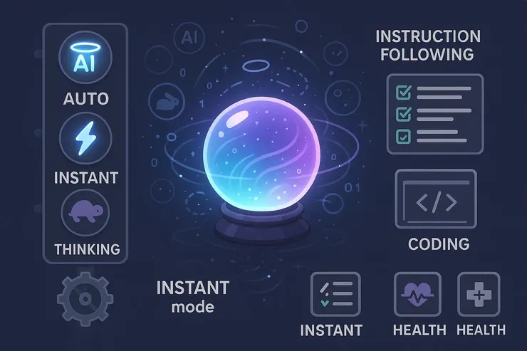 GPT-5 的智慧運作】中心的魔法水晶球代表 AI 的核心智慧，會依任務難度切換模式（藍色＝即時反應，紫色＝深度思考）。左邊的未來感交通號誌象徵自動路由機制，能在 Auto、Instant、Thinking 模式間切換；右邊的四個任務圖示則展示了 GPT-5 能力的主要場景：指令遵循、寫作、程式設計與健康輔助。