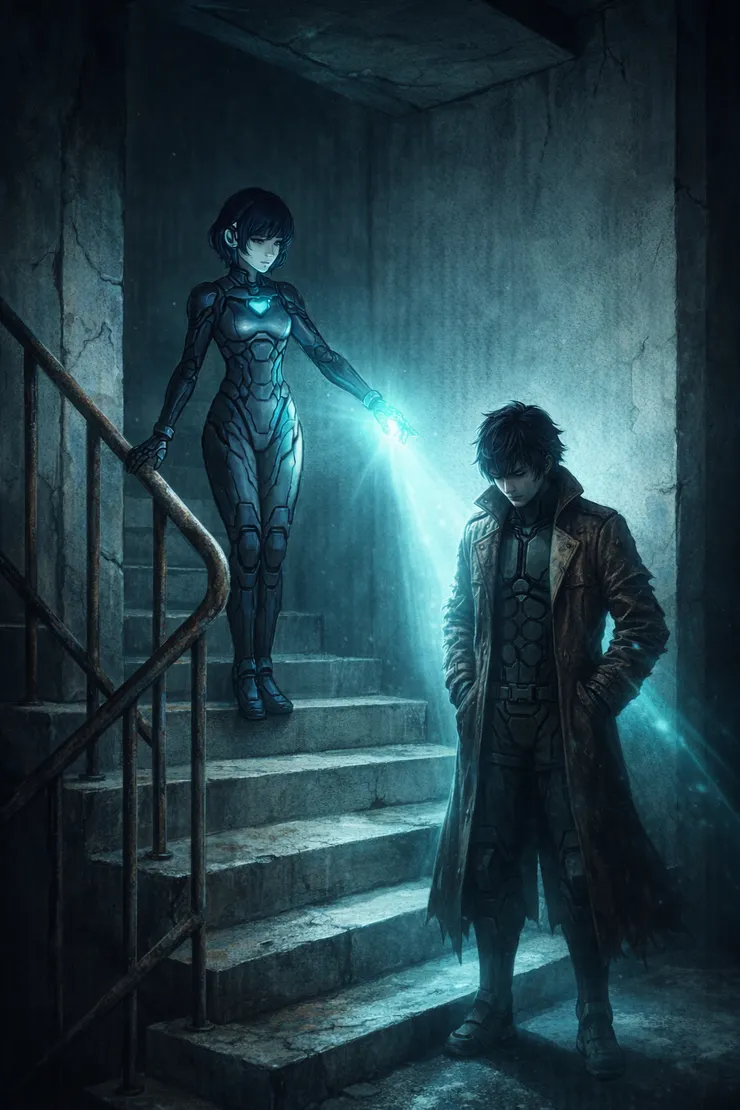 【插圖 #2 】昏暗樓梯間，優娜使用發光模組照著，站在陽翔後方