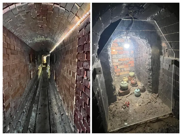 隧道窯僅能容納一個人行走。 窯洞隔著玻璃櫥窗陳列著陶藝師傅創作的陶瓷藝品。