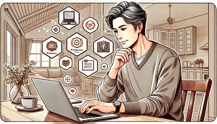 中年人在家參加線上課程，旁邊有專案管理、數位行銷、資料分析