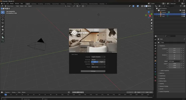 Blender 初始畫面 - 可設定語言