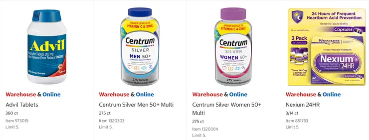 Advil止痛藥 $21.49、銀髮善存 $17.49、Nexium 24小時止胃酸錠 $25.99。