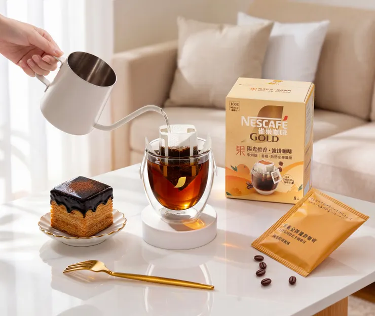 圖四：「雀巢金牌濾掛咖啡－陽光橙香」結合日曬與水洗雙處理法，入口帶有清爽明亮的甜橙果香，風味整體輕盈順口。