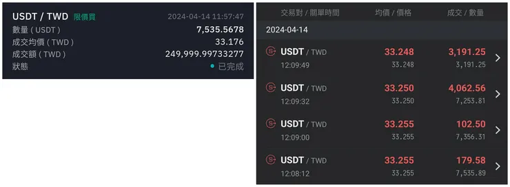 BitoPro 買進紀錄(左) vs MAX 賣出紀錄(右)