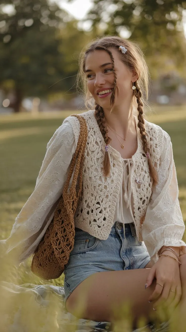 A young woman sitting in a park on a sunny afternoon, smiling warmly. She is wearing a cream-colored crochet vest with intricate floral patterns over a long-sleeved, flowy peasant blouse in white cotton. Her bottoms are high-waisted denim shorts. She has a woven macrame bag slung over her shoulder and delicate gold jewelry. Her hair is styled in loose braids adorned with small flowers.