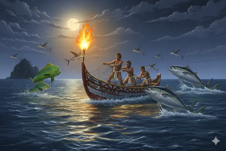 達悟人以光聚集飛魚但同時也引起其他掠食魚類的注目