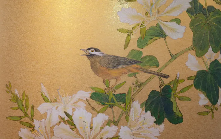 〈鳥啼深處〉局部－白頰噪鶥、艷紫荊