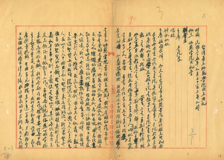 圖2 師範學院成立典禮院長致詞稿 案名：秘書 檔號：0035/160.1/01 來源機關：國立臺灣師範大學 管有機關：國家發展委員會檔案管理局