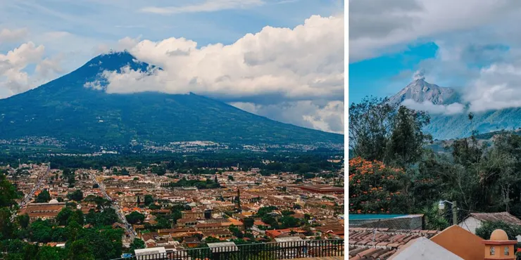 左圖為沉睡的水火山(El volcán de Agua)。右圖為至今每15分鐘噴發一次的的火火山(El volcán de Fuego),右方被雲遮住的山頭是阿卡特南戈火山(El volcán de Acatenango)。