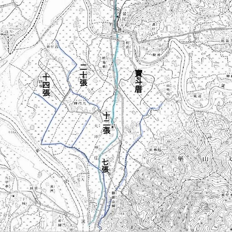 1904年《台灣堡圖》可見大坪林五庄及瑠公圳、大坪林圳