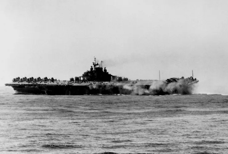 1945年4月16日，無畏號遭到日軍自殺飛機擊中，艦體大火，並且向左傾側。是次攻擊使無畏號第三次撤返舊金山維修，並且錯過餘下戰鬥。上一個月無畏號曾成功攔截自殺飛機，但自殺飛機的碎片仍造成艦上多人死傷。