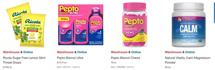 左起折扣後價格：喉糖 $17.49、胃乳 $17.99、咀嚼式胃乳片 $17.99、鎮靜檸檬酸鎂粉 $18.99。