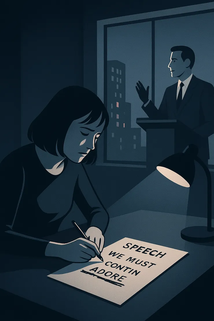 〈深夜文件〉意象示意圖。(她在深夜修改他的新演講稿,她忍不住偷偷改動文字,讓句子暗藏對他的嘲諷、質問,隔日他依舊照稿念出那些字,毫無察覺。)〈本意象示意圖由AI協助生成。〉