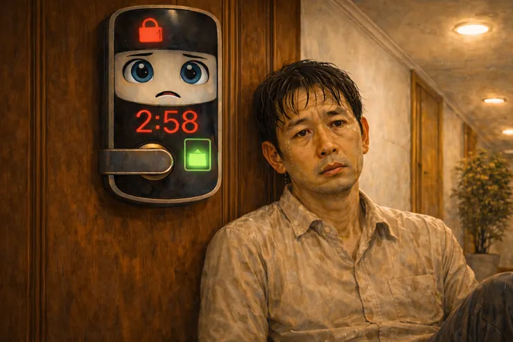 梁练伟全身湿透靠坐在木门前，头顶的智能门锁显示红色倒计时，静静注视着他