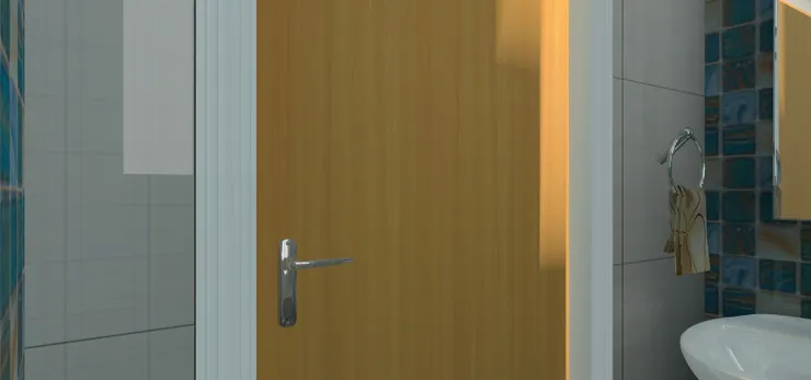 門口跟馬桶後面的牆都用了白色的磁磚，前後互相呼應。