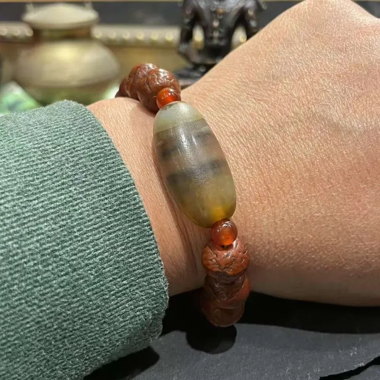 三線水紋珠（孤品）老天珠搭配鳳眼菩提