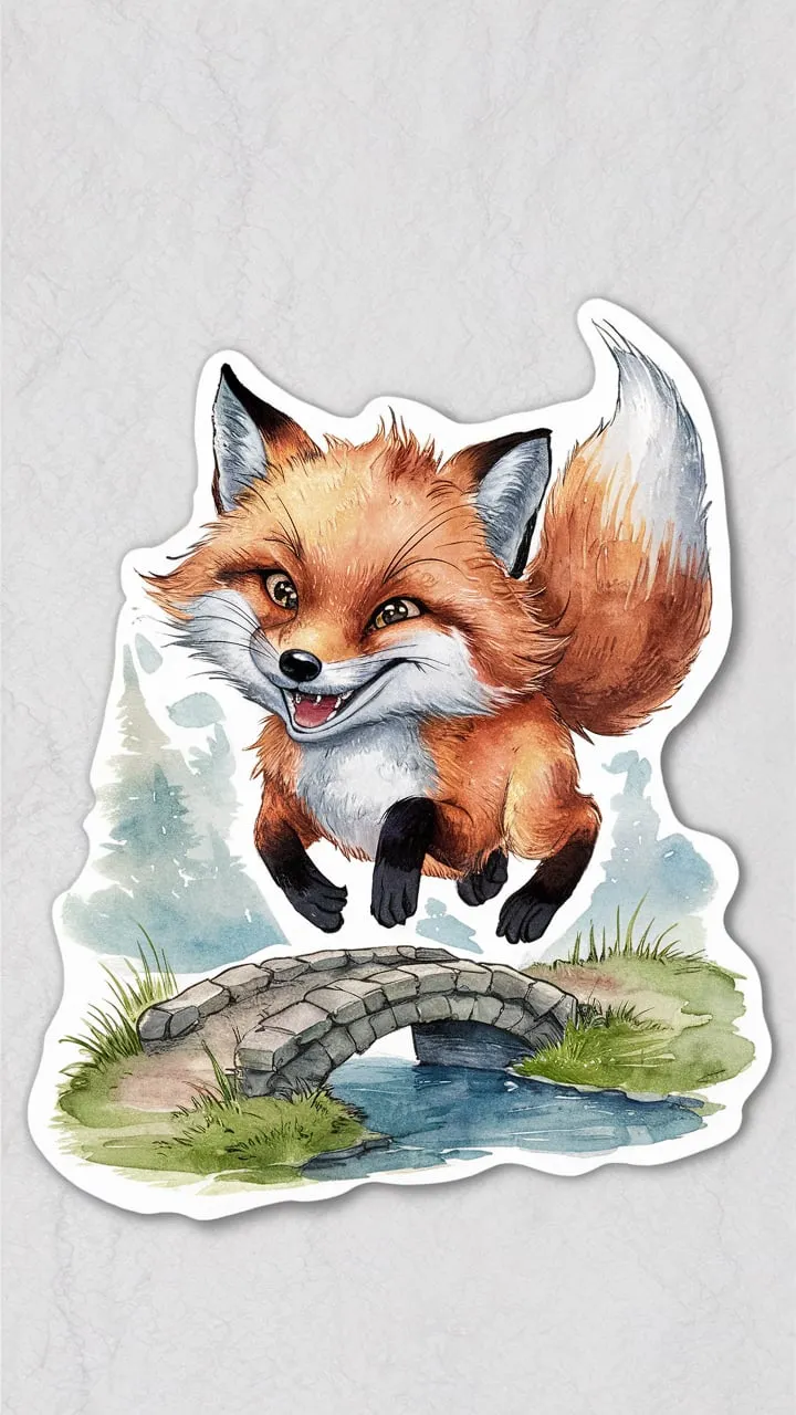 A charming watercolor painting of a playful fox, captured in a whimsical moment. The fox is shown with fluffy fur and a mischievous grin, its eyes sparkling with curiosity. It appears to be jumping over a small stone bridge in a serene landscape, sticker design