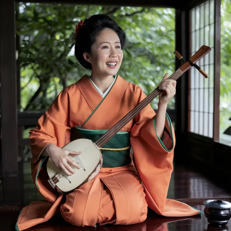 弦軸數量不對，手指怪異，但有像日本女性的感覺。