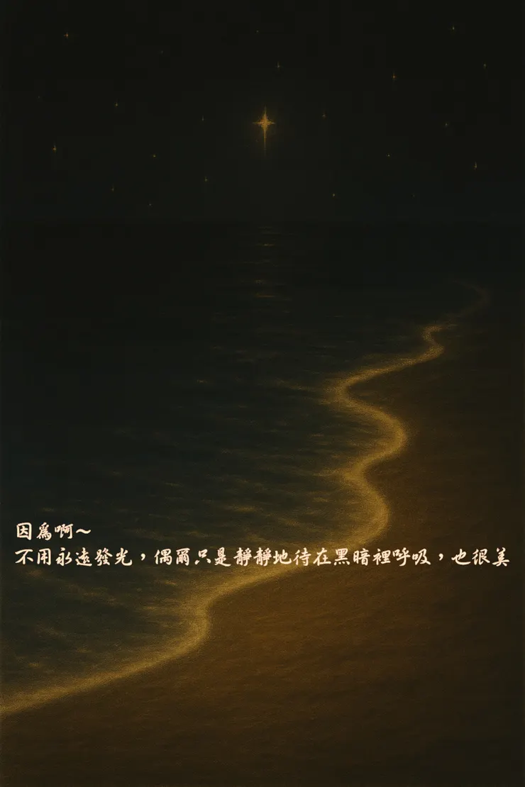 誰說一定要一直發光呢？ 偶爾靜靜躺在黑暗裡，聽聽海水說話， 即使害怕，也被那些浪聲輕輕擁抱， 慢慢地，就在黑裡長出一點點亮光…