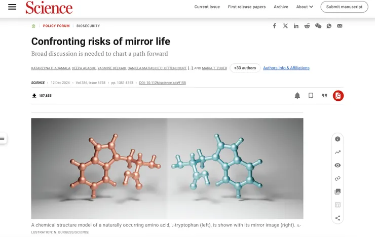 引用自 Science 期刊 / (圖) 包括諾貝爾得獎者在內,共38位學者聯名呼籲應正視鏡像生物帶來的危機