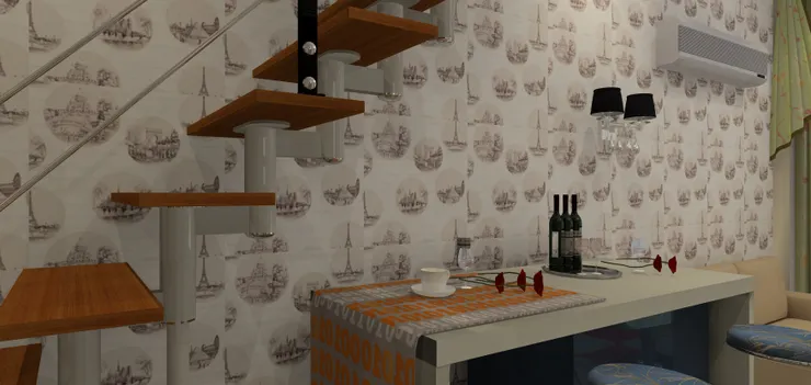 樓梯和沙發中間擺放了餐桌,算是一個迷你飯廳。