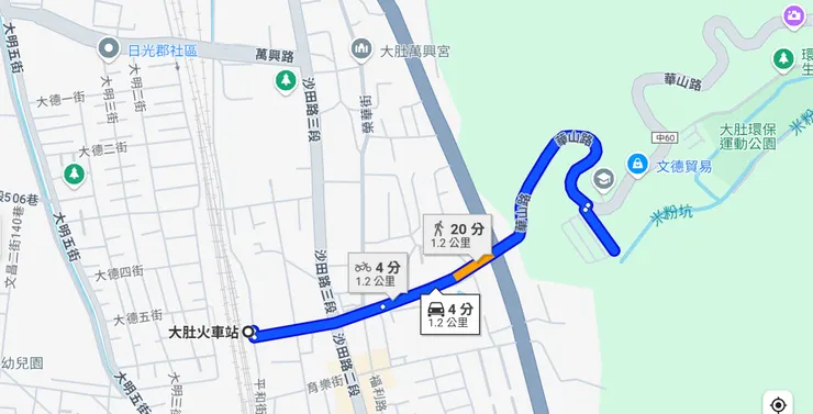 從大肚火車站出發至華山窯的路線