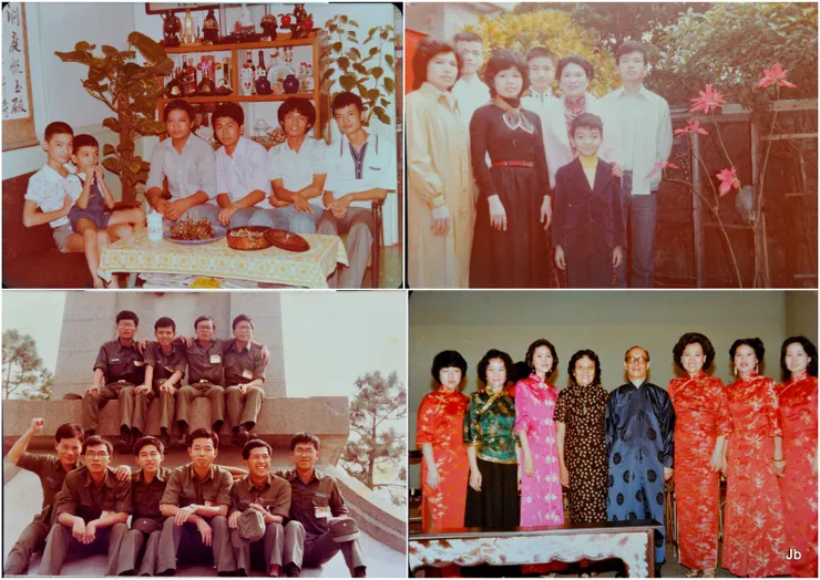 後來的彩色照片，容易褪色模糊，而一機在手，便陶然忘了相館。上2張：JB大學時代。左下：1971/11/11服役時在復興崗民族正氣碑，10條好漢在一班。右下：老媽曾跟古箏大師梁在平學習，此合影約於1975年左右。