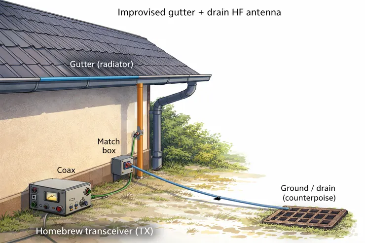 我腦中浮現的「雨槽＋排水溝」天線概念圖。
